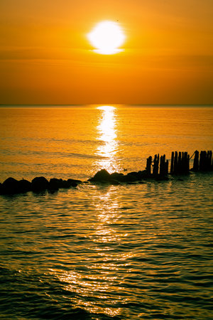 Vibrant colorful calm sunset at Baltic sea, seascape with wooden breakwaters and seagulls, nobodyの写真素材