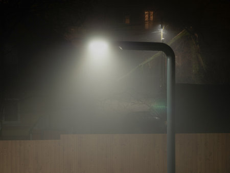 Night city with fog near light. Foggy street in the evening. Nobodyの写真素材