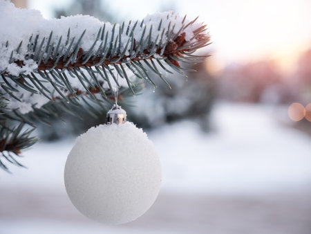 New year ball on snowy pine tree branch with snow. Christmas decoration. Winter holidays. Outdoorsの写真素材