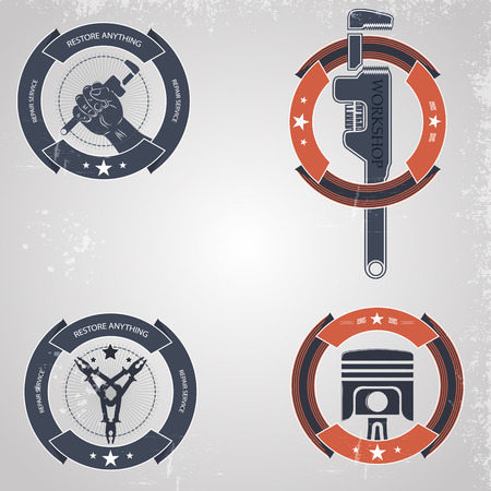  repair workshop. Emblem mechanics. Tools mechanics - open-end wrench, adjustable wrench, a hammer. H hand with a spanner. のイラスト素材