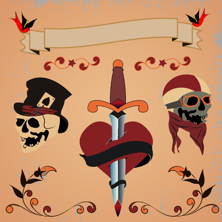 Vintage banners and ribbons needed for the emblems  . Ribbons   in grunge style.  Scratches and text.skull in hat, skull rider, heart pierced with a daggerのイラスト素材
