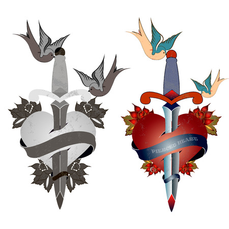 style tattoo, old school, grunge, heart pierced with a sword, birds, flowers, black and white and colorのイラスト素材