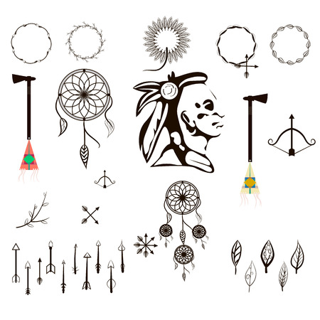 Hand drawn tribal collection with bow, arrows, feathers, dreamcatcher, horns, frame and border . Vector tribal, ethnic, aztec, hipster elementsのイラスト素材