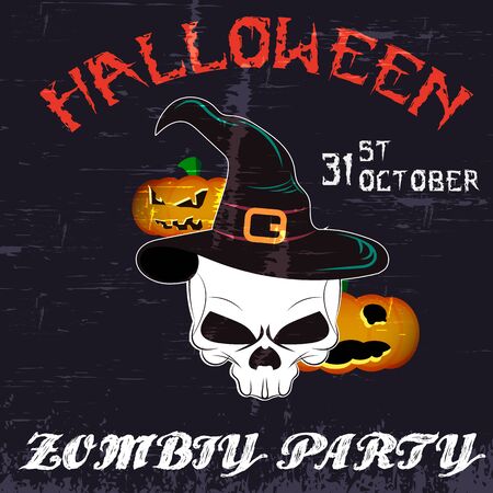 Halloween party poster template. Vector art of halloween pumpkin. Vector typography.skull in hat, zombie party.のイラスト素材