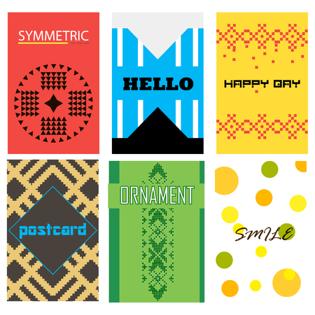 Vector abstract card templates for design party invitations, birthday, wedding cards, Valentines day, cover with tribal, ethnic, navajo, geometric elementsのイラスト素材