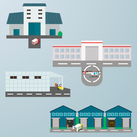 Warehouse building flat icons set with transportationのイラスト素材