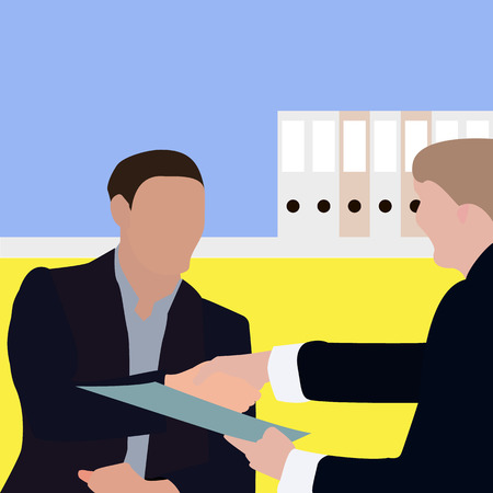 guy and a girl shaking hands, hiring, resumes, interview.のイラスト素材