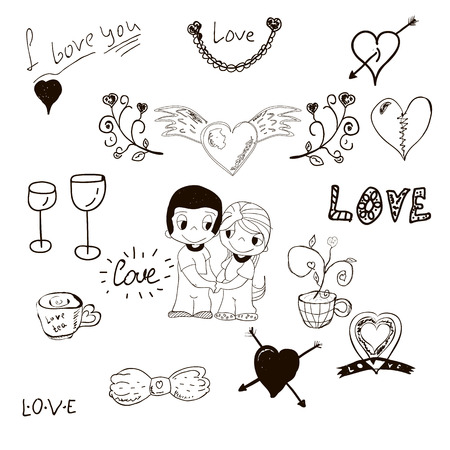 love the elements drawn by hand. hearts, arrows, cups, curls, a boy and a girl. love. vector illustration. sketch.のイラスト素材