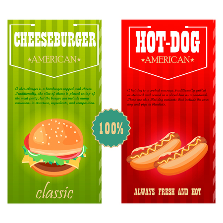 the food is traditional American cafe, a restaurant and a bar flat bright color banner set isolated vector illustration. hot dog, cheeseburger. white backgroundのイラスト素材