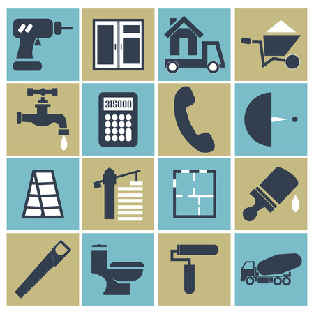 Web icon set - building, construction and home repair tools. vector illustration. screwdriver, box, wheelbarrow, handsaw, calculator, crane, ladder, layout, cargo truck.のイラスト素材
