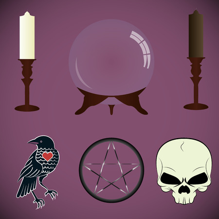 set of tools fortune-tellers, witches. scrying Orb, white and black candle, Raven, magic symbol, the skull.のイラスト素材