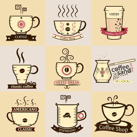 Coffee cups with Logos, banners and ribbons. vector illustrationのイラスト素材