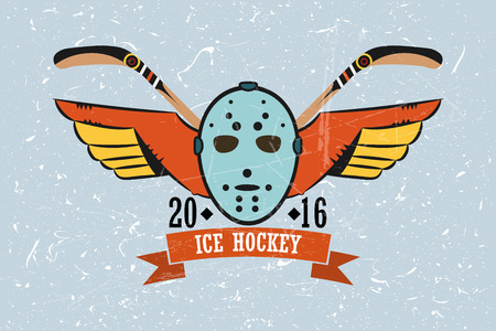 For hockey team - Goalie mask crossed hockey sticks, vintage ribbon. Texture on separate layers.Text grouped separately and can be removed. vectorのイラスト素材