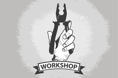 Vintage, retro emblem repair workshop and tool shop. hand holding the pliers.のイラスト素材
