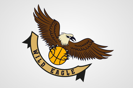 wild eagle with the ball in his paws. sports the emblem of the basketball team. logo, icon. ribbon with the inscription.のイラスト素材