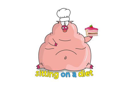 a very fat pig in a bonnet sitting on a diet. Doodles. Hand lettering. Vector printable poster with phrase.Design for clothing and cards. funny pictures.のイラスト素材