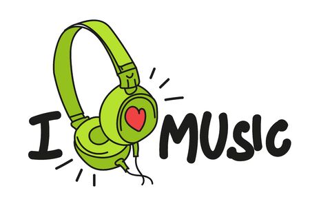 I love music. green earbuds with heart. Vector calligraphy with decor elements. doodles. Hand drawn lettering collection. Design for t-shirt and prints. Funny posters.のイラスト素材