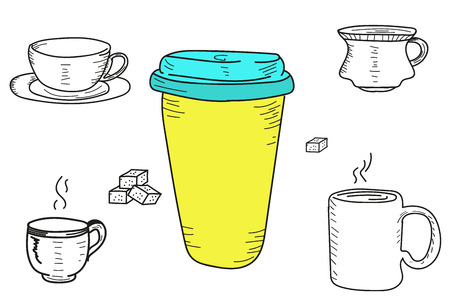 a set of mugs and cups. a glass of coffee. tea. sugar for teaのイラスト素材