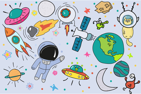A large space set Astronauts, UFOs, planets, satellites, moon and more.Vector calligraphy with decor elements.のイラスト素材