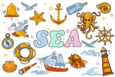 Doodles vector elements. collection of marine life, animals of the underwater world. Marine elements. boats, sea.のイラスト素材