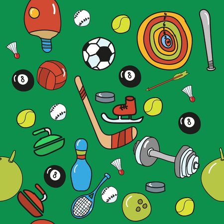 sports pattern. balls, rackets, shuttlecock, arrows, basketball and more. Doodle style.のイラスト素材