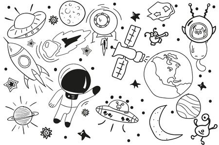 Black white drawing. Doodle. vector set of space elements.のイラスト素材