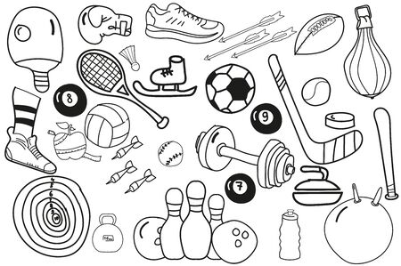 black white drawing. Doodle. vector set of sports equipment. balls, clubs, weights.のイラスト素材