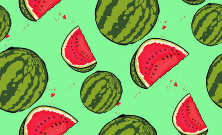 watermelon. seamless pattern. slices of watermelon and a whole watermelon in a spray of juice. the...