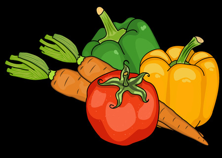 Set of vegetables. pepper, carrots, tomato. useful vegetables. food for vegetarians. vector illustration. black backgroundのイラスト素材