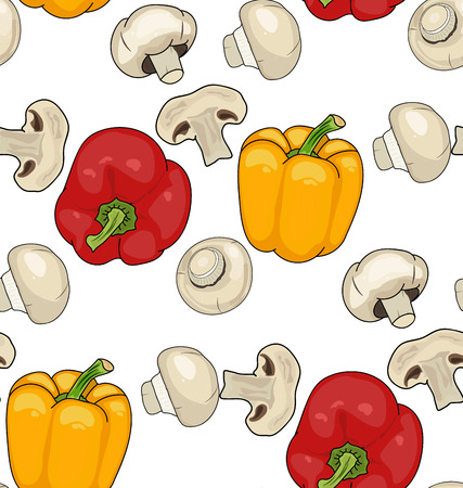 Mushrooms and Piper annuum - seamless pattern. Red, yellow pepper. useful vegetables. vegetarianism. Vector illustration with white background. the drawing hands.のイラスト素材