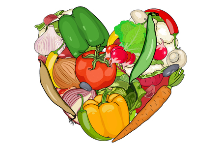 vegetables are laid out in the shape of a heart. Onion, garlic, carrot, pepper, mushrooms, tomato, beet, and other. white background cut vegetables. vector illustration of high quality.のイラスト素材