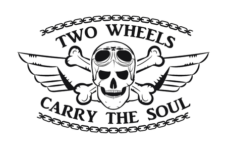 Biker emblem. Skull. Retro style. Two wheels carry the soul. Monochrome style. Vector imageのイラスト素材