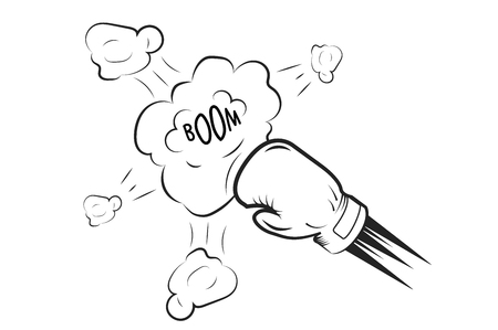 Boxing glove hits the cloud with inscription boom. Monochrome style.のイラスト素材