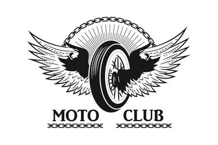 The wheel from a motorcycle with wings. Logo, logo Moto club. Monochrome style. Vector imageのイラスト素材