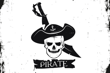 Skull pirate hat and sword. A logo is an emblem of the pirate. Monochrome style. Vector image. Grungeのイラスト素材