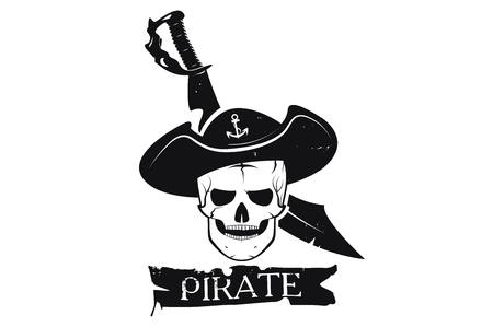 Skull pirate hat and sword. A logo is an emblem of the pirate. Monochrome style. Vector imageのイラスト素材