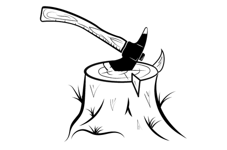 The ax sticking in the stump of the tree.のイラスト素材