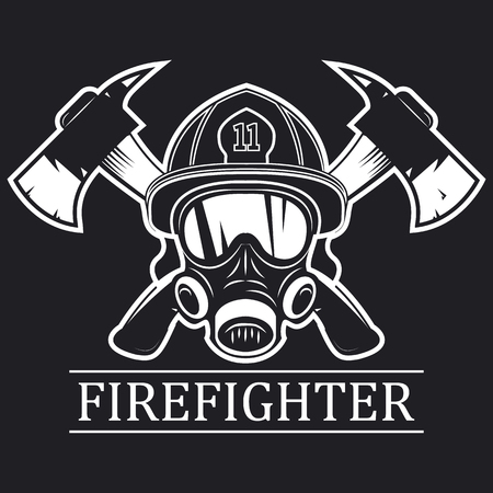 Firefighter. Emblem, icon, logo. Fire. Mask firefighter and two axes. Monochrome vector illustration.のイラスト素材