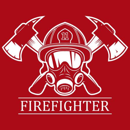 Firefighter. Emblem, icon, logo. Fire. Mask firefighter and two axes. Monochrome vector illustration.のイラスト素材
