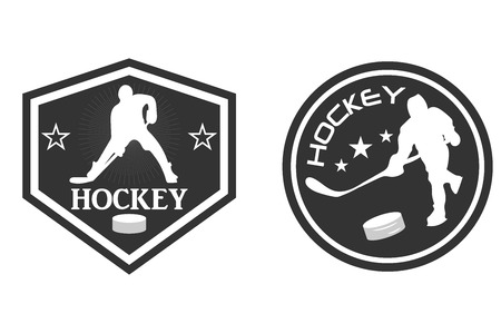 Hockey logo. The player with the stick. Washer. Monochrome vector illustration.のイラスト素材