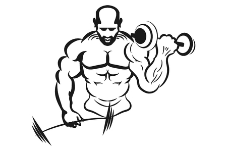 Inflated man muscle swinging weights. Monochrome vector illustration. Logo for a fitness club.のイラスト素材