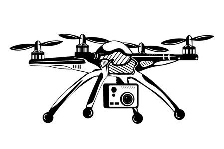 Quadcopter with camera. Monochrome vector illustration.のイラスト素材