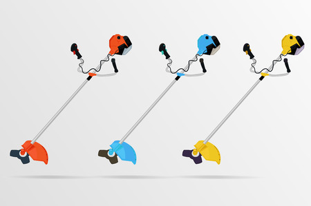 Manual lawn mower gasoline. Red, blue, yellow. Vector illustrationのイラスト素材