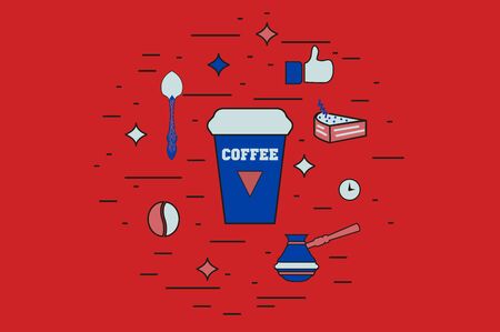 Coffee and espresso devices for on a red background, spoon, mug, like, coffee, clock,のイラスト素材