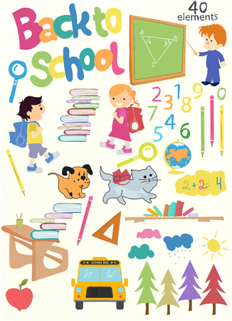 Great set Back to school. Pupils, figures, globe, books, desks, Lunches and much durgee. Vector illustration.のイラスト素材