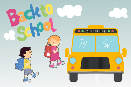 Girl and a boy go to school bus. Back to school. Vector illustration.のイラスト素材