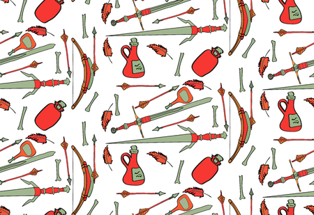 seamless pattern. antique swords, arrows, bottles, weapons, bow.のイラスト素材