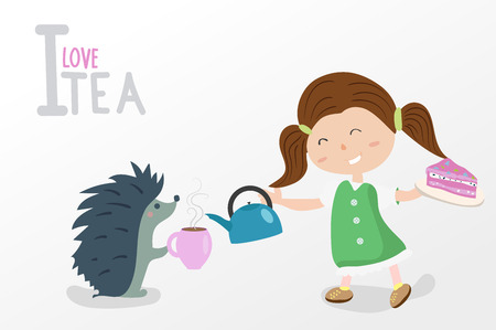 I love tea. the girl pours tea hedgehog. the hedgehog with a girl drinking tea and eating cake.のイラスト素材