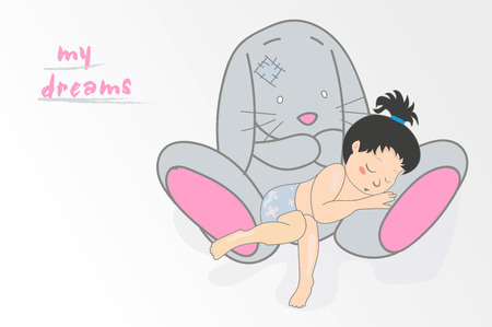 The little girl fell asleep on the soft toy hare.のイラスト素材