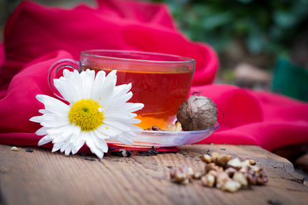 mug of tea with lemon and nuts on a wooden stand. I love autumn. I love tea.の写真素材
